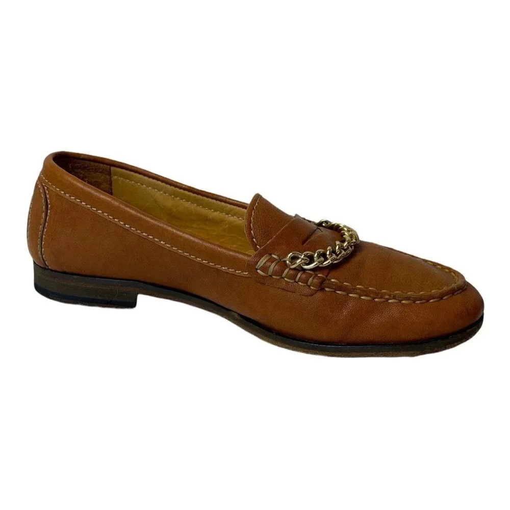 Sandro Brown Saddle Leather‎ Chain Detail Loafers Size US 6 Luxury Designer